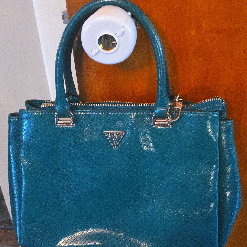 Guess Moon Light Python Triple-compartment Satchel In Deep Teal